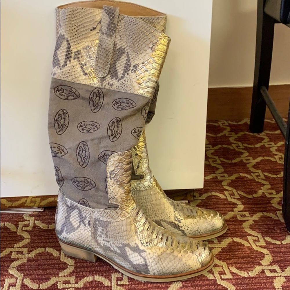 Snake skin printed canvas zipper knee boots 37